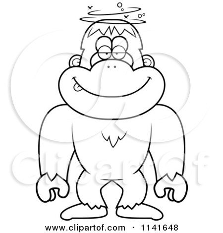 Cartoon Clipart Of A Black And White Drunk Or Dumb Bigfoot Sasquatch - Vector Outlined Coloring Page by Cory Thoman