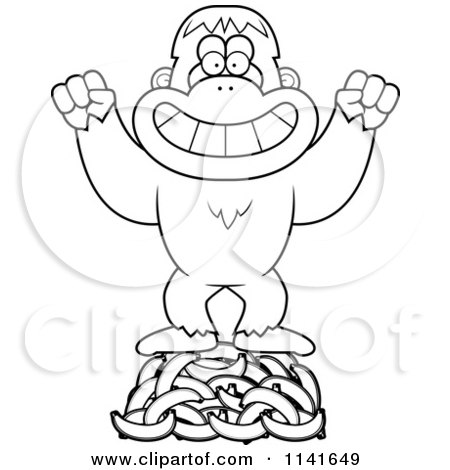 Cartoon Clipart Of A Black And White Bigfoot Sasquatch Hoarding Bananas - Vector Outlined Coloring Page by Cory Thoman