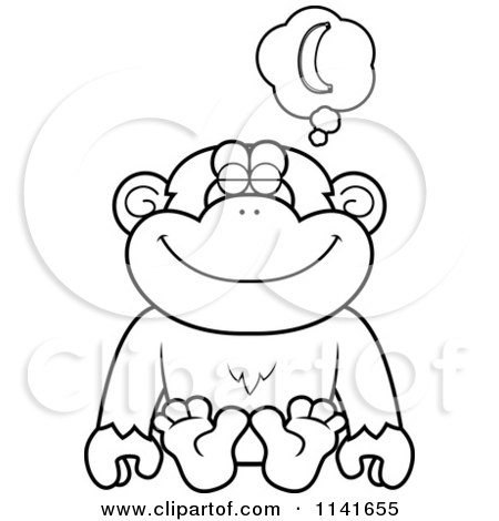 Cartoon Clipart Of A Black And White Chimpanzee Daydreaming Of Bananas - Vector Outlined Coloring Page by Cory Thoman