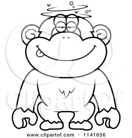 Cartoon Clipart Of A Black And White Dumb Or Drunk Chimpanzee - Vector Outlined Coloring Page by Cory Thoman