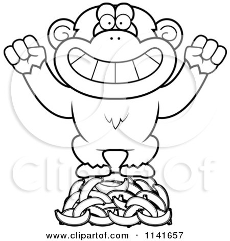 Cartoon Clipart Of A Black And White Chimpanzee Standing On Bananas - Vector Outlined Coloring Page by Cory Thoman