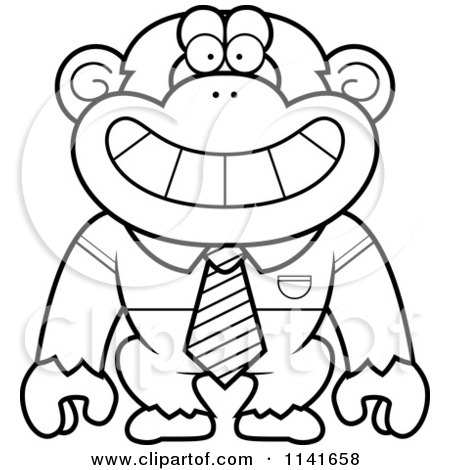 Cartoon Clipart Of A Black And White Chimpanzee Wearing A Tie And Shirt - Vector Outlined Coloring Page by Cory Thoman