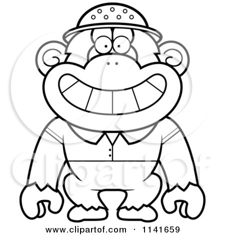 Cartoon Clipart Of A Black And White Chimpanzee Explorer - Vector Outlined Coloring Page by Cory Thoman