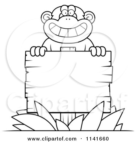 Cartoon Clipart Of A Black And White Chimpanzee Behind A Wooden Sign - Vector Outlined Coloring Page by Cory Thoman