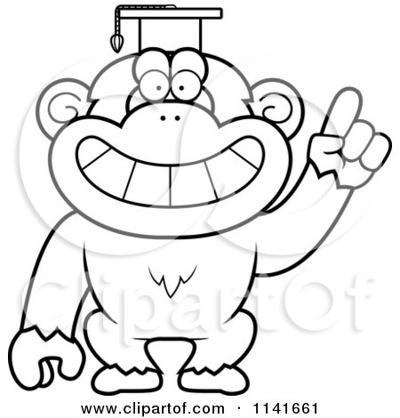 Cartoon Clipart Of A Black And White Chimpanzee Professor Wearing A Cap - Vector Outlined Coloring Page by Cory Thoman