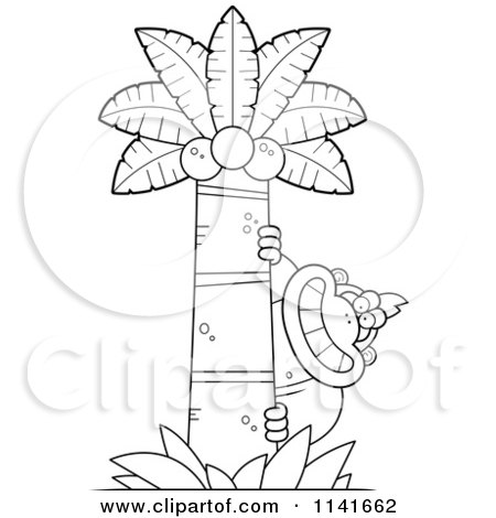 Cartoon Clipart Of A Black And White Clipart Gorilla Behind A Coconut Palm Tree - Vector Outlined Coloring Page by Cory Thoman