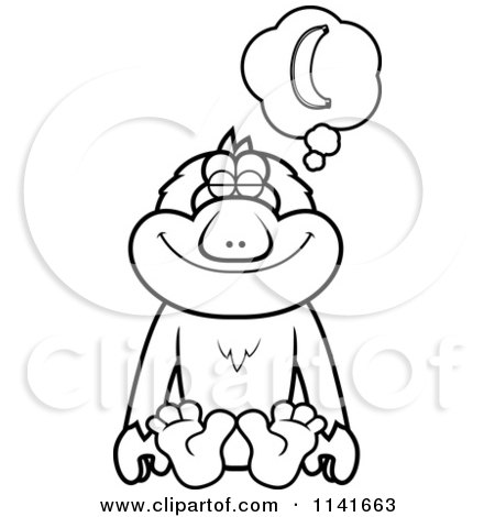 Cartoon Clipart Of A Black And White Macaque Monkey Daydreaming Of Bananas - Vector Outlined Coloring Page by Cory Thoman
