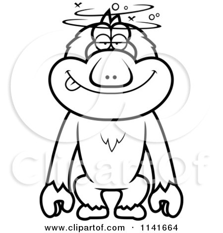 Cartoon Clipart Of A Black And White Drunk Or Dumb Macaque Monkey - Vector Outlined Coloring Page by Cory Thoman