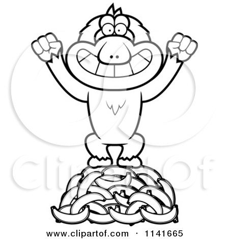 Cartoon Clipart Of A Black And White Macaque Monkey Standing On Bananas - Vector Outlined Coloring Page by Cory Thoman