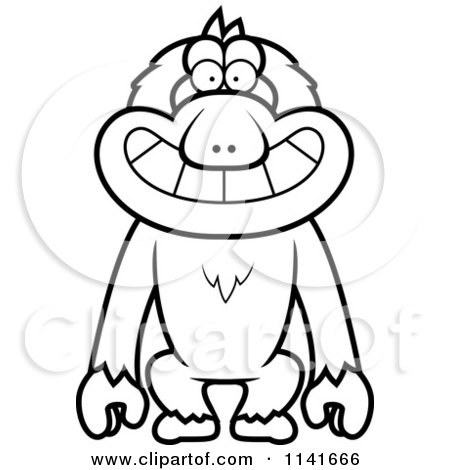 Cartoon Clipart Of A Black And White Grinning Macaque Monkey - Vector Outlined Coloring Page by Cory Thoman