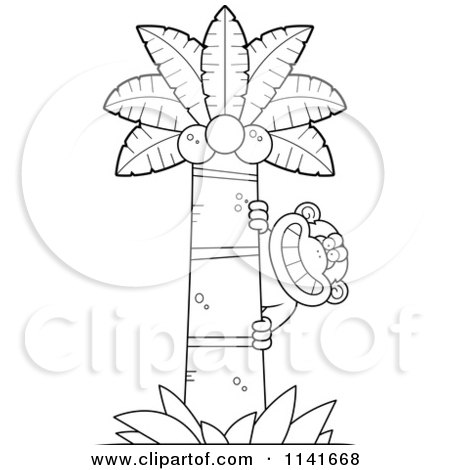 Cartoon Clipart Of A Black And White Chimpanzee Behind A Palm Tree - Vector Outlined Coloring Page by Cory Thoman