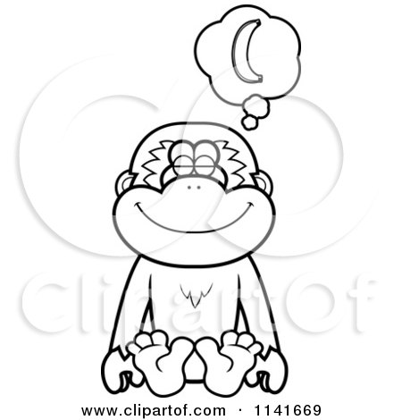Cartoon Clipart Of A Black And White Gibbon Monkey Daydreaming Of Bananas - Vector Outlined Coloring Page by Cory Thoman