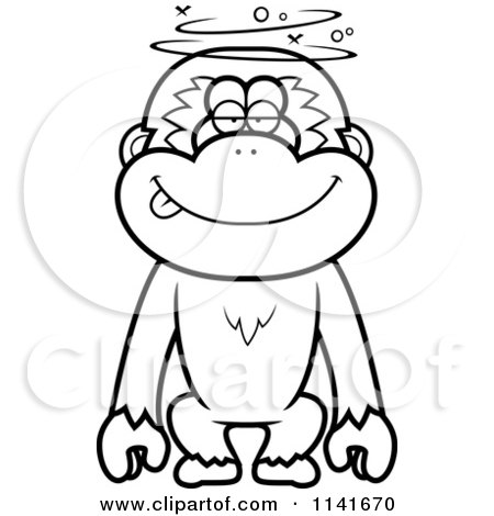 Cartoon Clipart Of A Black And White Drunk Or Dumb Gibbon Monkey - Vector Outlined Coloring Page by Cory Thoman