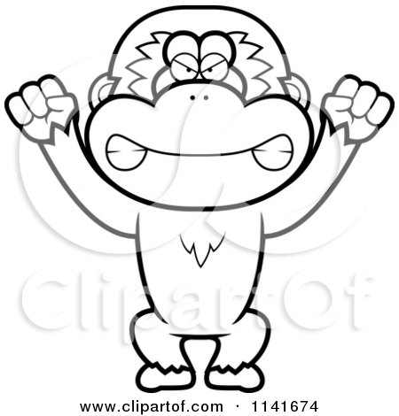 Cartoon Clipart Of A Black And White Angry Gibbon Monkey - Vector Outlined Coloring Page by Cory Thoman
