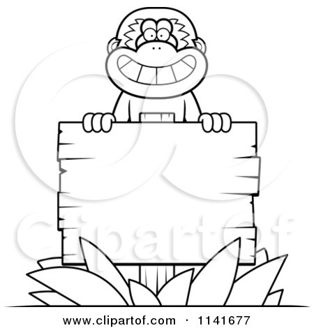 Cartoon Clipart Of A Black And White Gibbon Monkey Behind A Wooden Sign - Vector Outlined Coloring Page by Cory Thoman