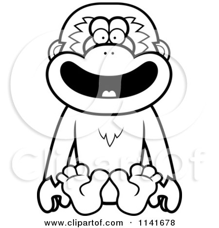 Cartoon Clipart Of A Black And White Gibbon Monkey Sitting - Vector Outlined Coloring Page by Cory Thoman