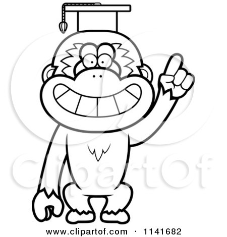 Cartoon Clipart Of A Black And White Gibbon Monkey Professor Wearing A Cap - Vector Outlined Coloring Page by Cory Thoman