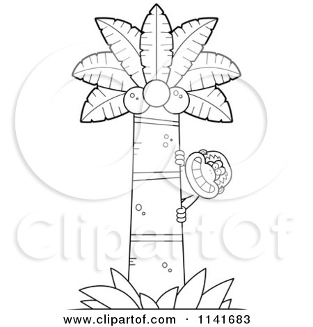 Cartoon Clipart Of A Black And White Gibbon Monkey Behind A Tree - Vector Outlined Coloring Page by Cory Thoman