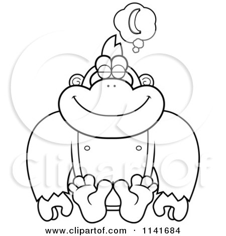 Cartoon Clipart Of A Black And White Gorilla Daydreaming Of Bananas - Vector Outlined Coloring Page by Cory Thoman