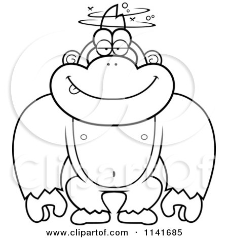 Cartoon Clipart Of A Black And White Drunk Gorilla - Vector Outlined Coloring Page by Cory Thoman
