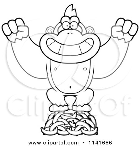 Cartoon Clipart Of A Black And White Gorilla Standing On Bananas - Vector Outlined Coloring Page by Cory Thoman