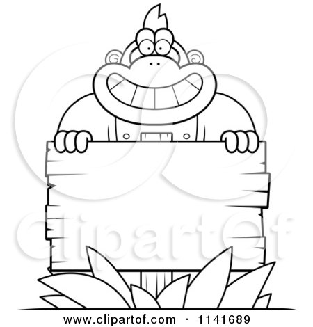Cartoon Clipart Of A Black And White Gorilla Behind A Wooden Sign - Vector Outlined Coloring Page by Cory Thoman