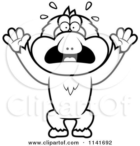 Cartoon Clipart Of A Black And White Frightened Macaque Monkey - Vector Outlined Coloring Page by Cory Thoman