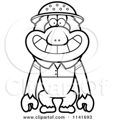 Cartoon Clipart Of A Black And White Macaque Monkey Explorer - Vector Outlined Coloring Page by Cory Thoman