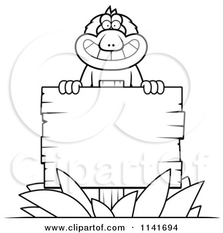 Cartoon Clipart Of A Black And White Macaque Monkey With A Wooden Sign - Vector Outlined Coloring Page by Cory Thoman
