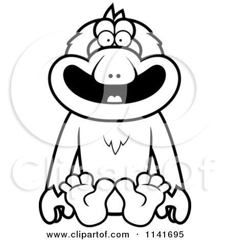 Cartoon Clipart Of A Black And White Macaque Monkey Sitting - Vector Outlined Coloring Page by Cory Thoman