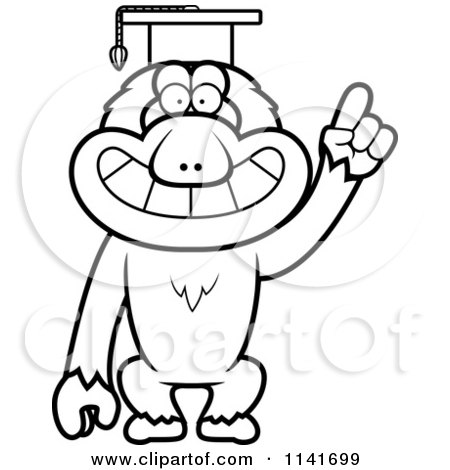 Cartoon Clipart Of A Black And White Macaque Monkey Professor Wearing A Cap - Vector Outlined Coloring Page by Cory Thoman