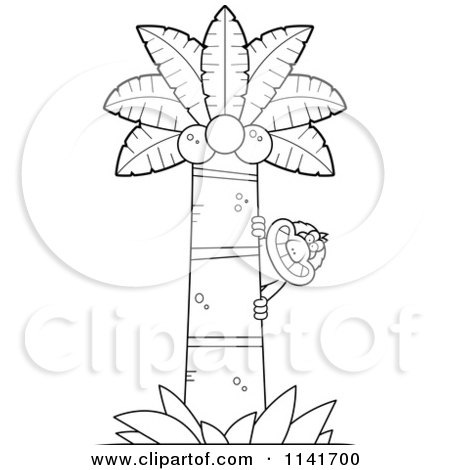 Cartoon Clipart Of A Black And White Macaque Monkey Behind A Coconut Palm Tree - Vector Outlined Coloring Page by Cory Thoman