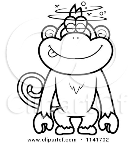 Cartoon Clipart Of A Black And White Drunk Or Dumb Monkey - Vector Outlined Coloring Page by Cory Thoman