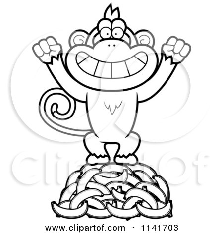 Cartoon Clipart Of A Black And White Monkey Standing On Bananas - Vector Outlined Coloring Page by Cory Thoman