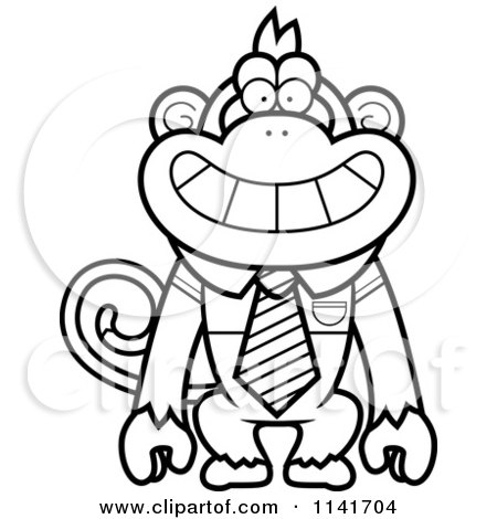 Cartoon Clipart Of A Black And White Monkey Wearing A Tie And Shirt - Vector Outlined Coloring Page by Cory Thoman