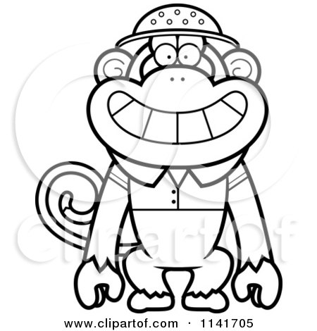 Cartoon Clipart Of A Black And White Monkey Explorer - Vector Outlined Coloring Page by Cory Thoman