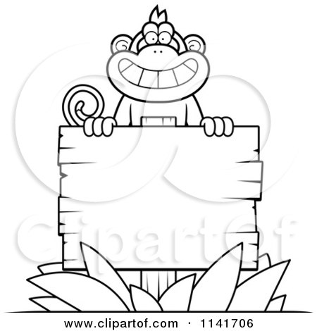 Cartoon Clipart Of A Black And White Monkey Behind A Wood Sign - Vector Outlined Coloring Page by Cory Thoman