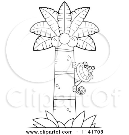 Cartoon Clipart Of A Black And White Monkey Behind A Coconut Palm Tree - Vector Outlined Coloring Page by Cory Thoman