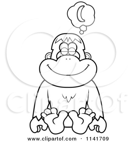 Cartoon Clipart Of A Black And White Orangutan Monkey Daydreaming Of Bananas - Vector Outlined Coloring Page by Cory Thoman