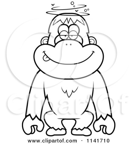 Cartoon Clipart Of A Black And White Drunk Or Dumb Orangutan Monkey - Vector Outlined Coloring Page by Cory Thoman