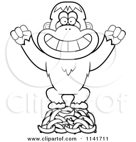 Cartoon Clipart Of A Black And White Orangutan Monkey Standing On Bananas - Vector Outlined Coloring Page by Cory Thoman