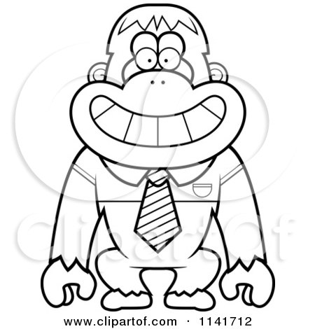 Cartoon Clipart Of A Black And White Orangutan Monkey Wearing A Tie - Vector Outlined Coloring Page by Cory Thoman