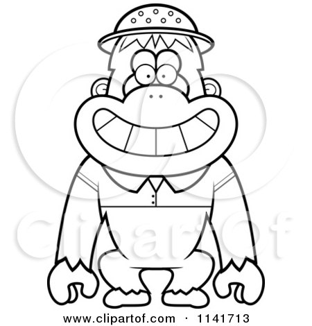 Cartoon Clipart Of A Black And White Orangutan Monkey Explorer - Vector Outlined Coloring Page by Cory Thoman