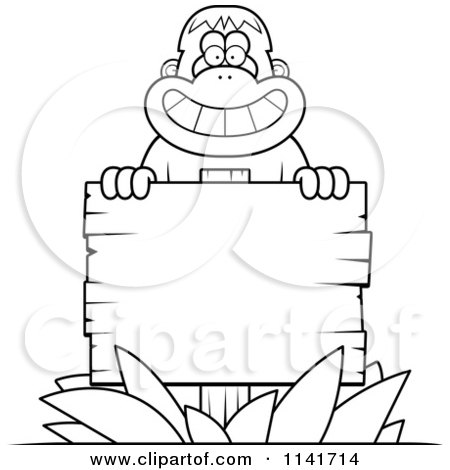 Cartoon Clipart Of A Black And White Orangutan Monkey Behind A Wood Sign - Vector Outlined Coloring Page by Cory Thoman