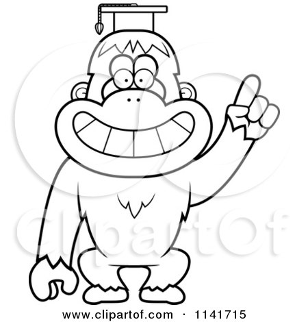 Cartoon Clipart Of A Black And White Orangutan Monkey Professor Wearing A Cap - Vector Outlined Coloring Page by Cory Thoman