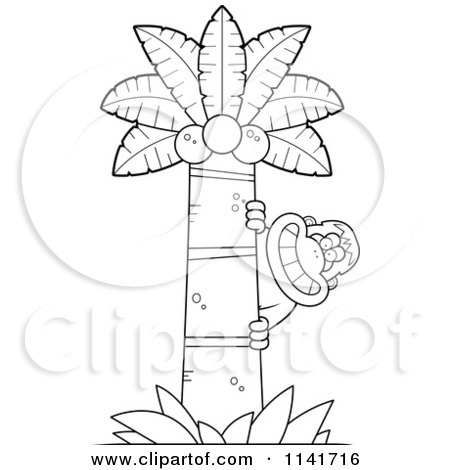 Cartoon Clipart Of A Black And White Orangutan Monkey Behind A Coconut Palm Tree - Vector Outlined Coloring Page by Cory Thoman