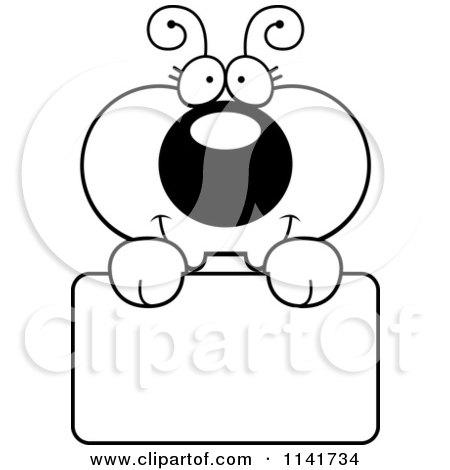 Cartoon Clipart Of A Black And White Ant Holding A Sign - Vector Outlined Coloring Page by Cory Thoman