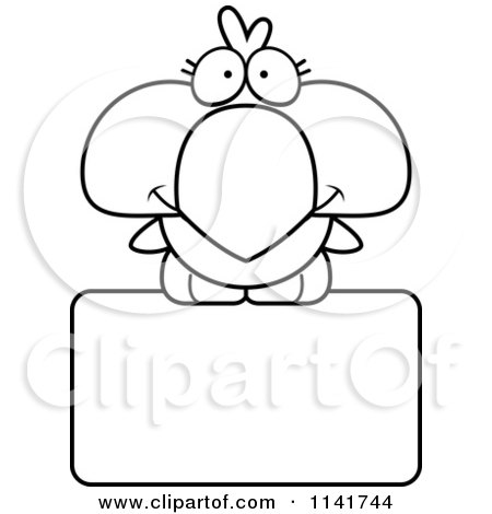 Cartoon Clipart Of A Black And White Cute Bird Over A Sign - Vector Outlined Coloring Page by Cory Thoman