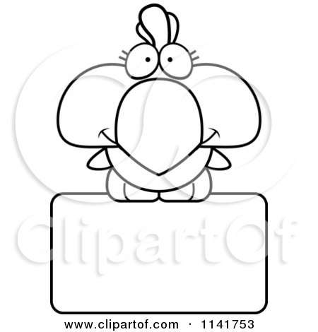 Cartoon Clipart Of A Black And White Cute Rooster Chick Over A Sign - Vector Outlined Coloring Page by Cory Thoman
