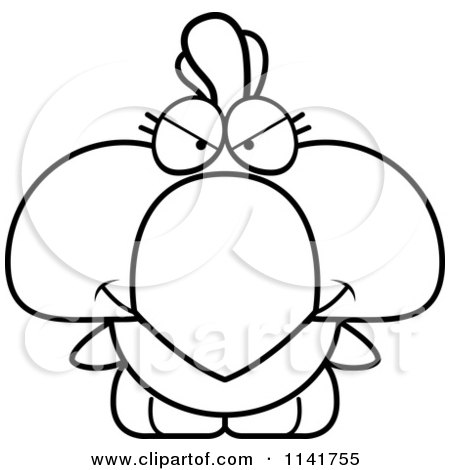 Cartoon Clipart Of A Black And White Mean Rooster Chick - Vector Outlined Coloring Page by Cory Thoman